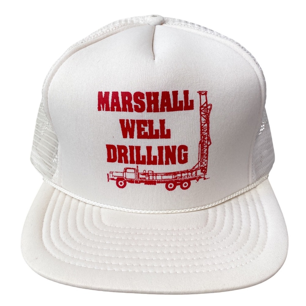 Vintage Marshall‎ Well Drilling White Mesh Snapback Trucker Hat Retro Streetwear